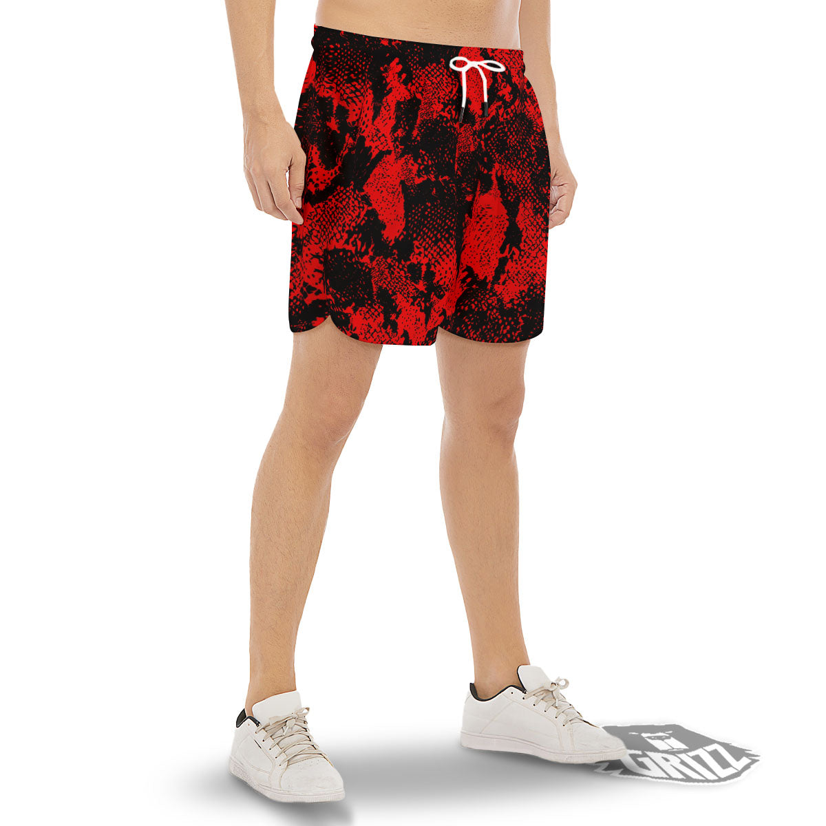 Snakeskin Black And Red Print Men's Gym Shorts-grizzshop