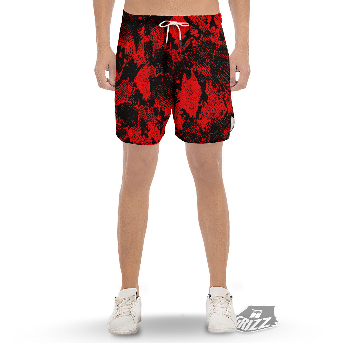 Snakeskin Black And Red Print Men's Gym Shorts-grizzshop