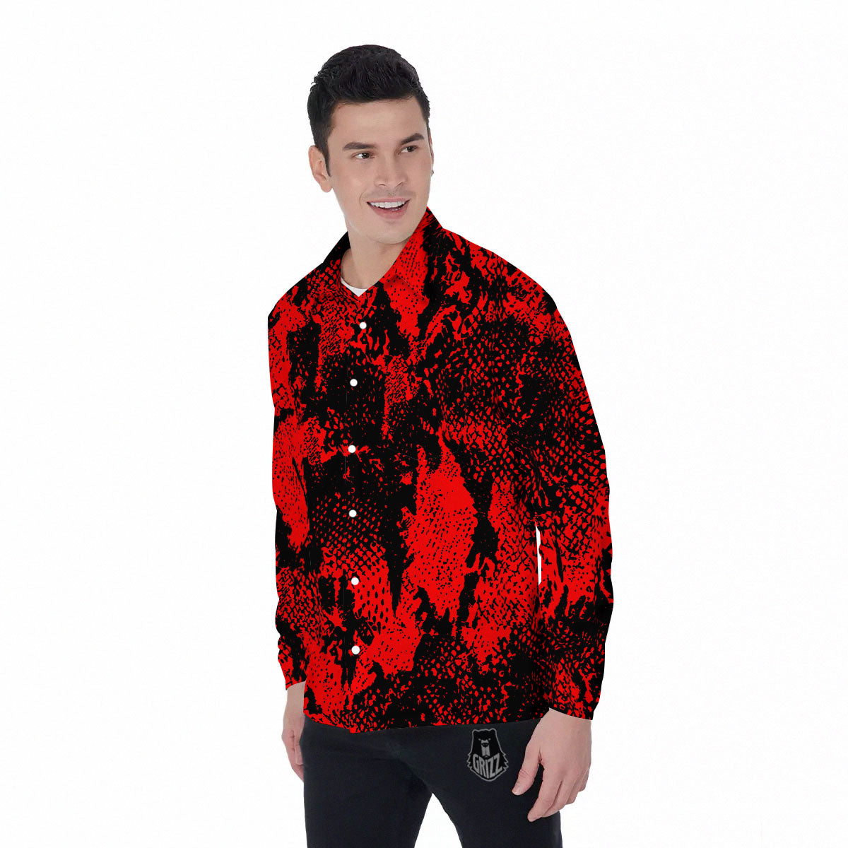 Snakeskin Black And Red Print Men's Long Sleeve Shirts-grizzshop