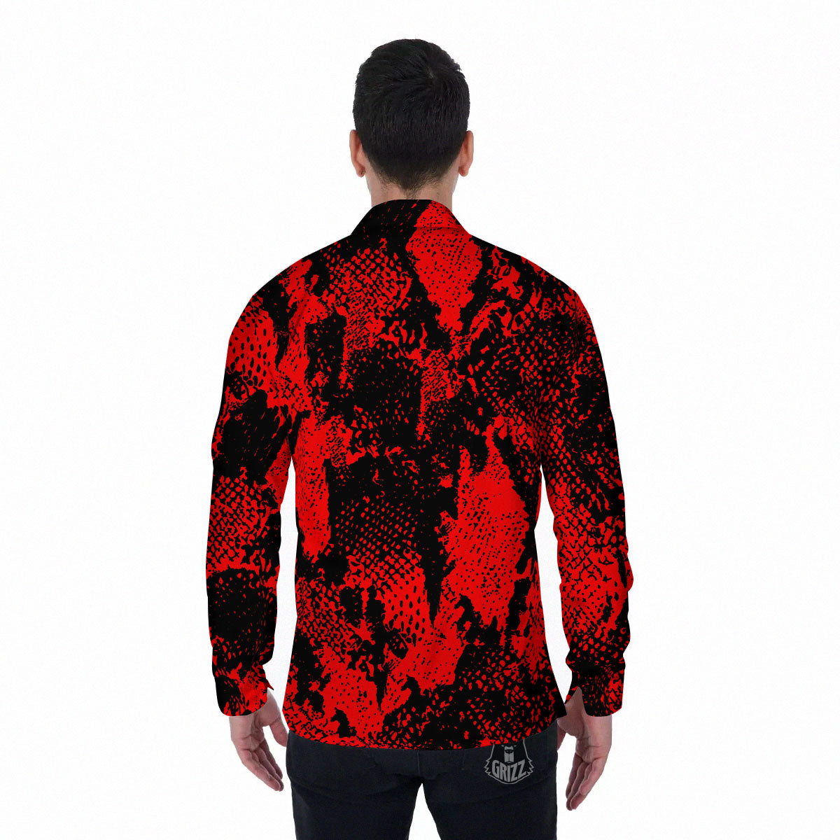Snakeskin Black And Red Print Men's Long Sleeve Shirts-grizzshop