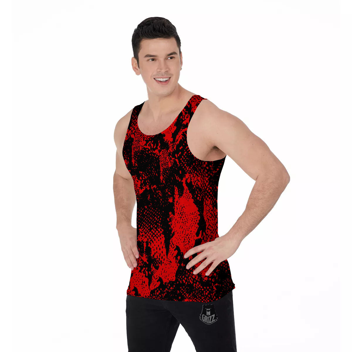 Snakeskin Black And Red Print Men's Tank Top-grizzshop