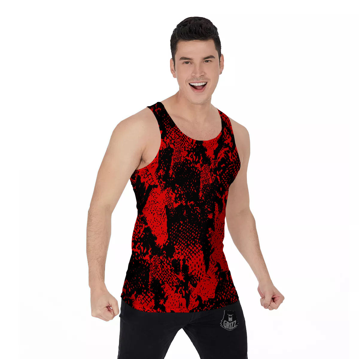 Snakeskin Black And Red Print Men's Tank Top-grizzshop