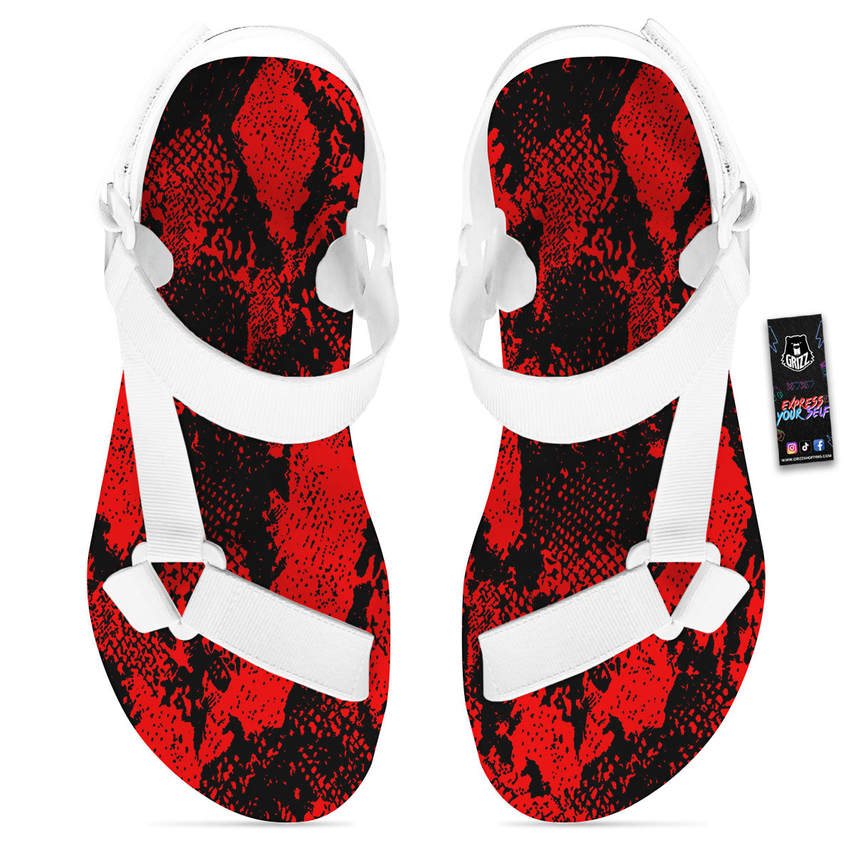 Snakeskin Black And Red Print White Open Toe Sandals-grizzshop