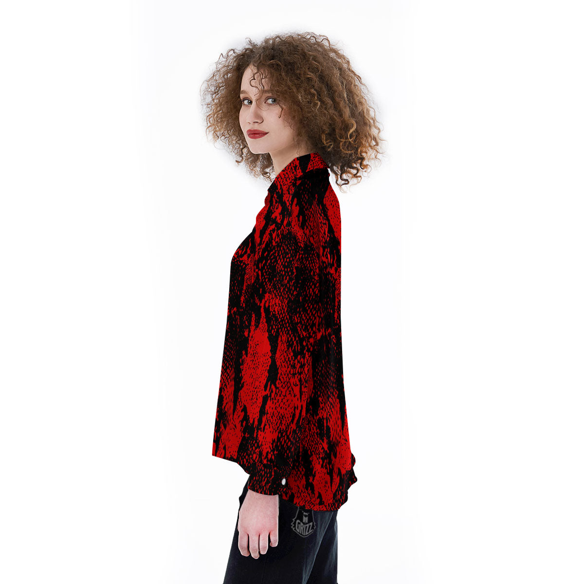 Snakeskin Black And Red Print Women's Long Sleeve Shirts-grizzshop