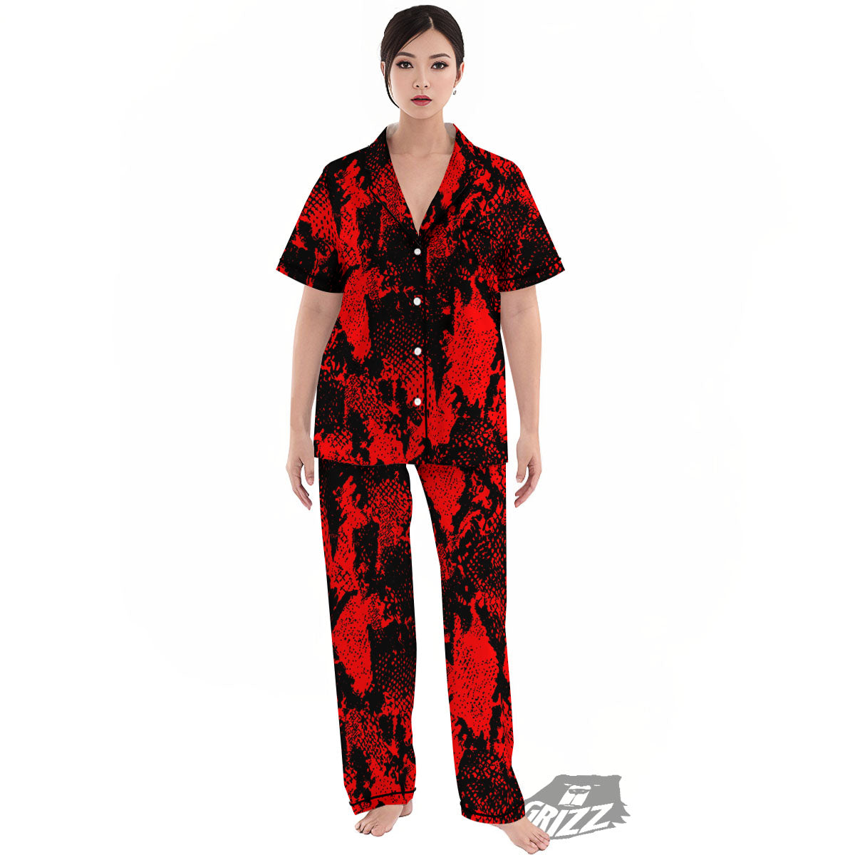 Snakeskin Black And Red Print Women's Pajamas Set-grizzshop
