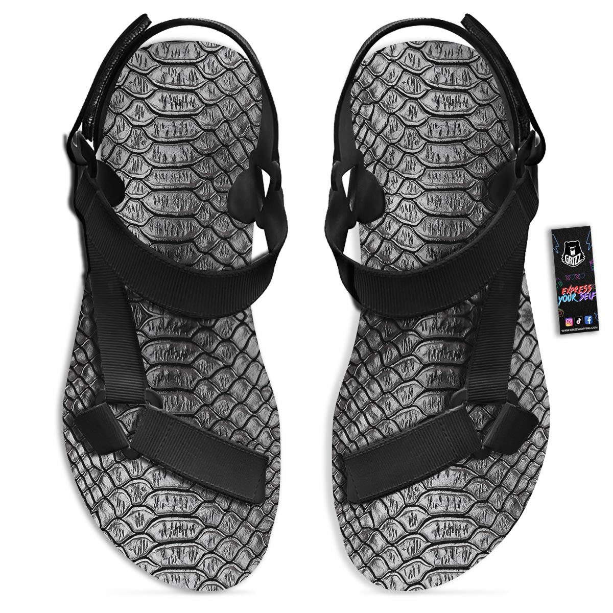Snakeskin Black And Tan Print Pattern Black Open Toe Sandals-grizzshop