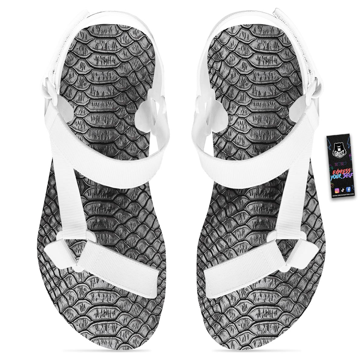 Snakeskin Black And Tan Print Pattern White Open Toe Sandals-grizzshop