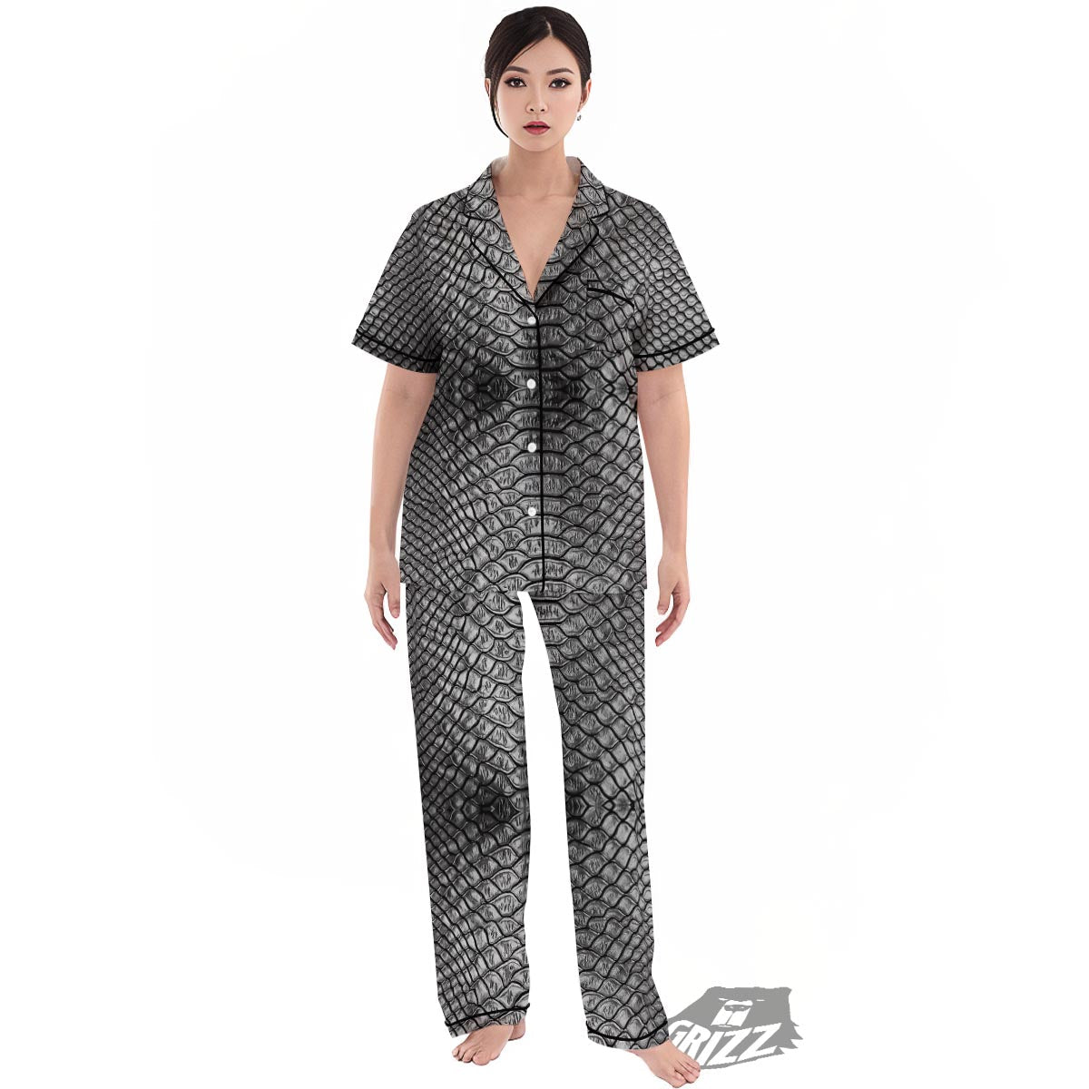 Snakeskin Black And Tan Print Pattern Women's Pajamas Set-grizzshop