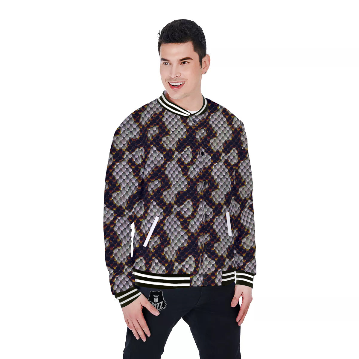 Snakeskin Black And White Texture Print Baseball Jacket-grizzshop