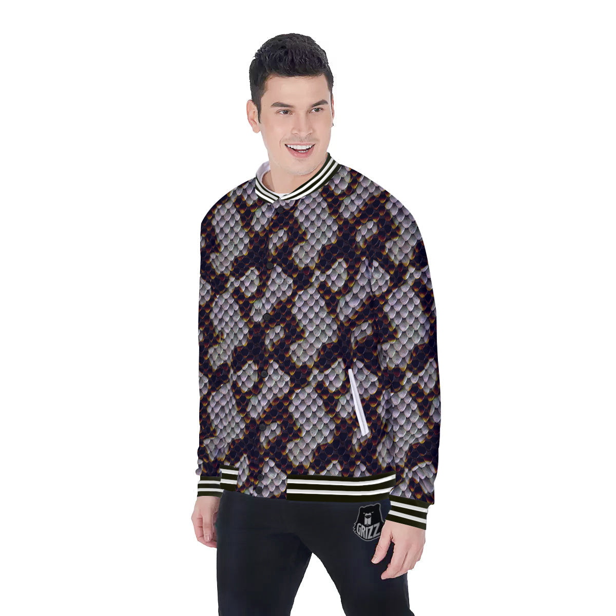 Snakeskin Black And White Texture Print Baseball Jacket-grizzshop