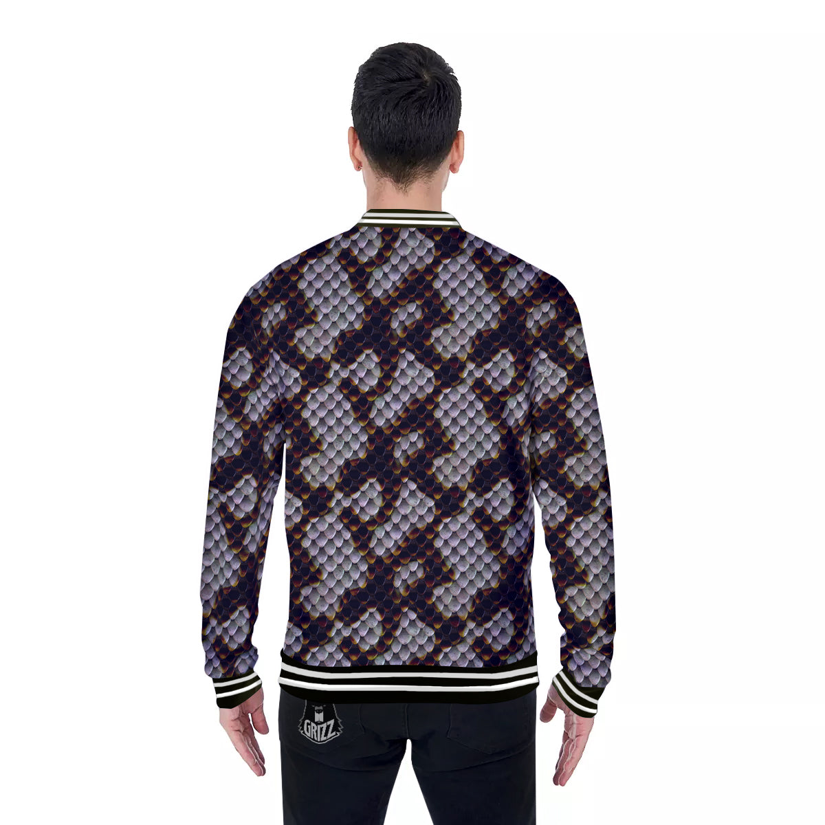 Snakeskin Black And White Texture Print Baseball Jacket-grizzshop