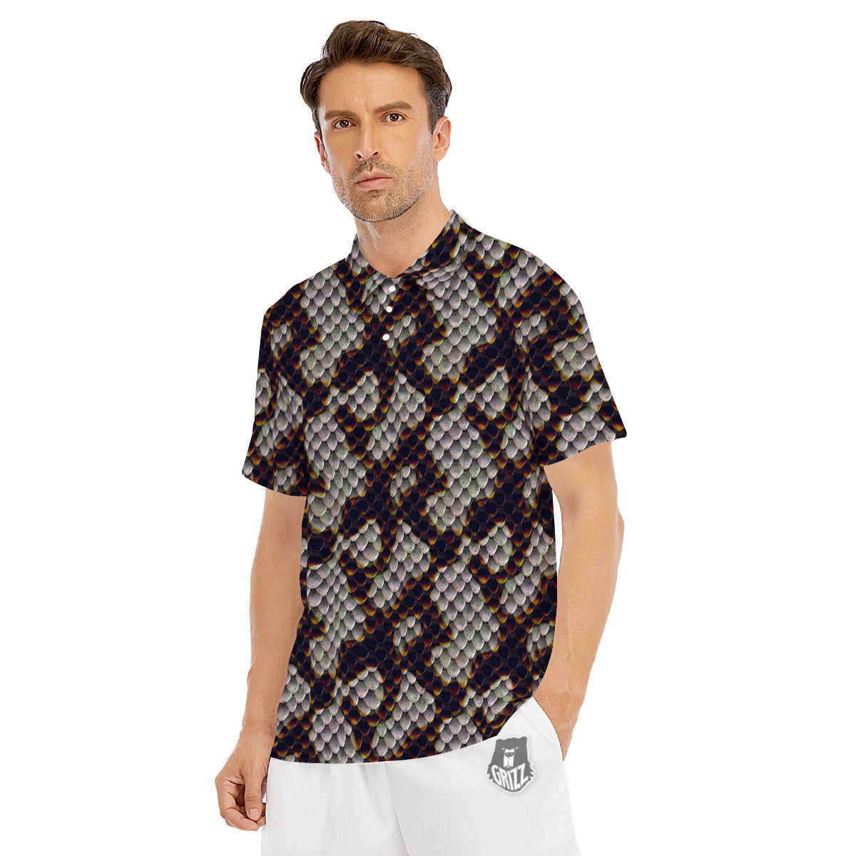 Snakeskin Black And White Texture Print Men's Golf Shirts-grizzshop