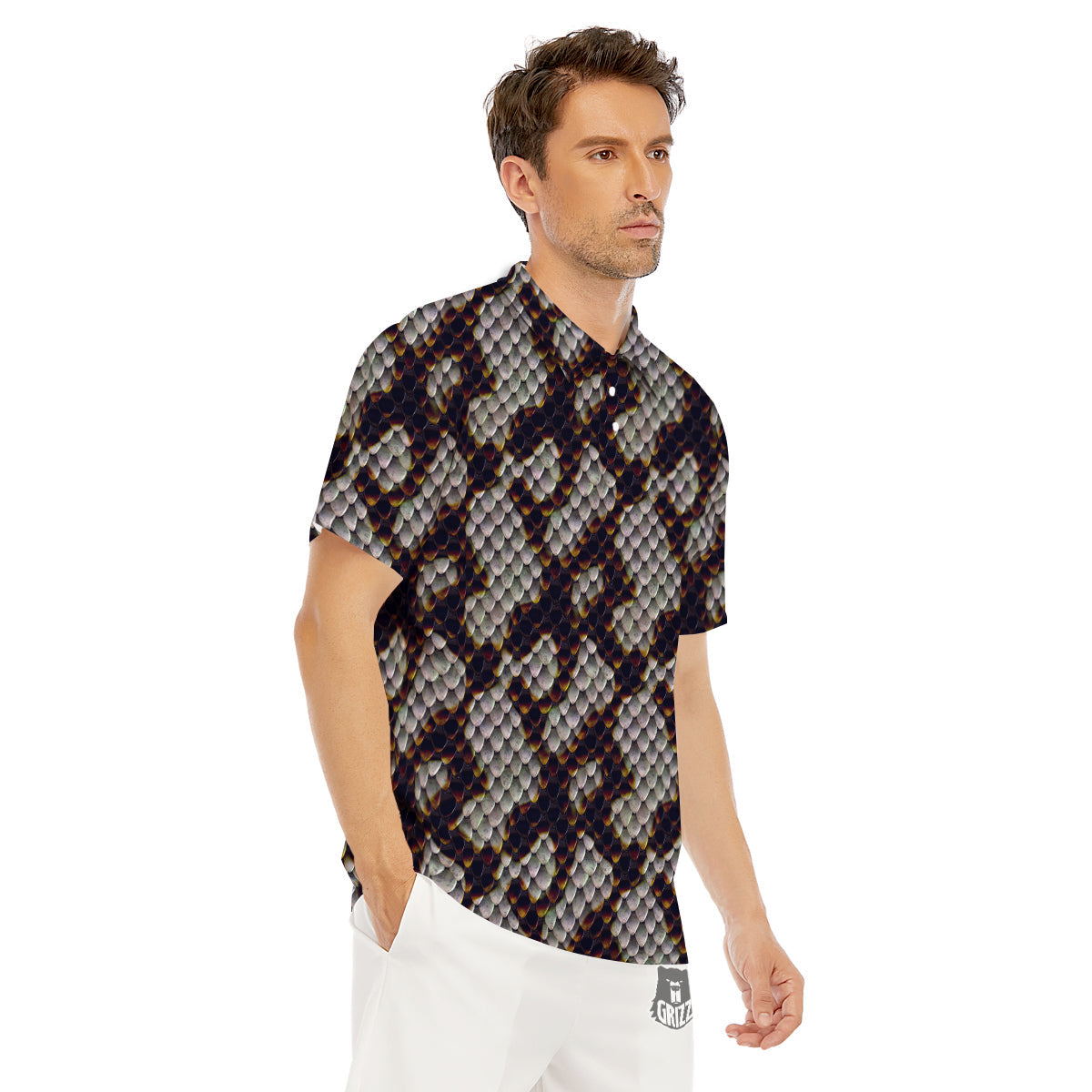 Snakeskin Black And White Texture Print Men's Golf Shirts-grizzshop