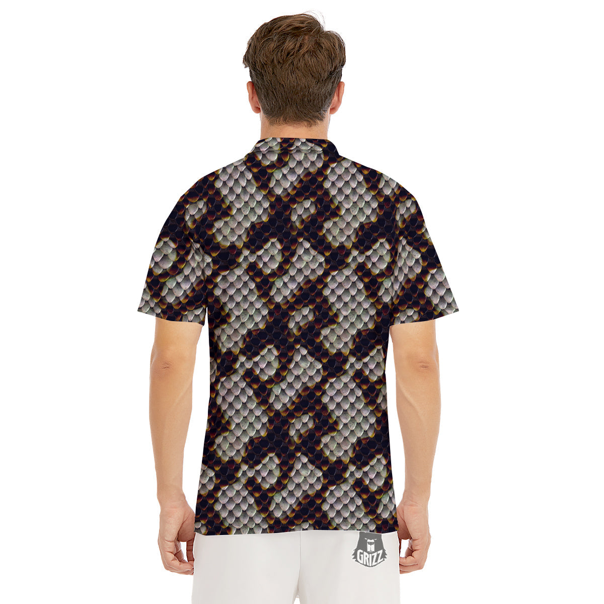 Snakeskin Black And White Texture Print Men's Golf Shirts-grizzshop