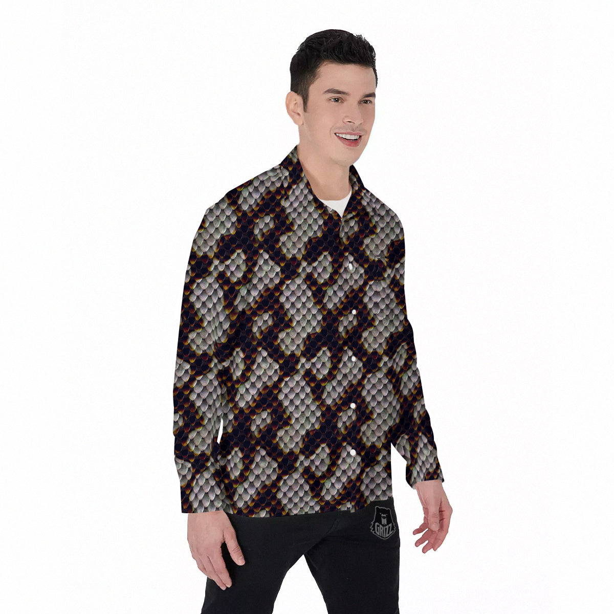 Snakeskin Black And White Texture Print Men's Long Sleeve Shirts-grizzshop