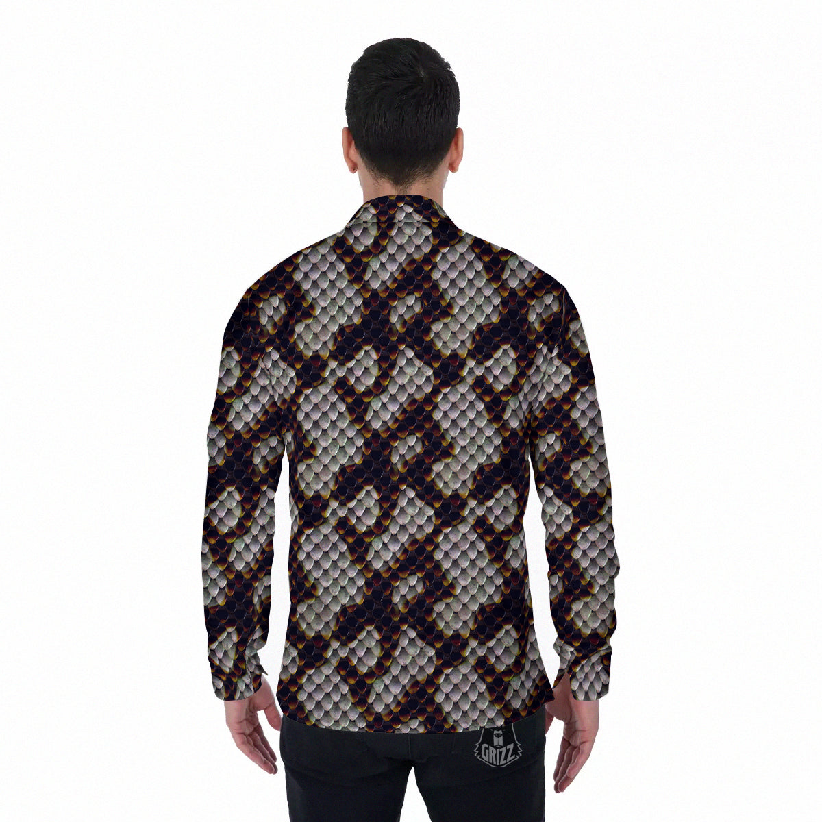 Snakeskin Black And White Texture Print Men's Long Sleeve Shirts-grizzshop