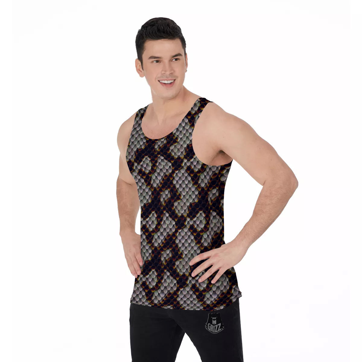 Snakeskin Black And White Texture Print Men's Tank Top-grizzshop