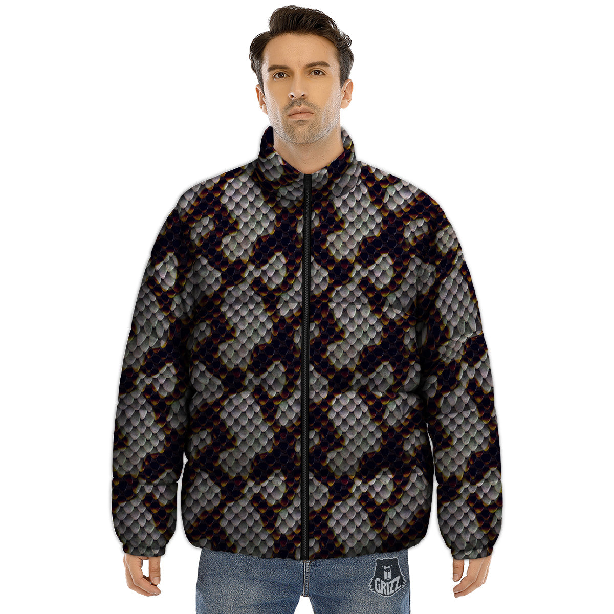 Snakeskin Black And White Texture Print Puffer Jacket-grizzshop