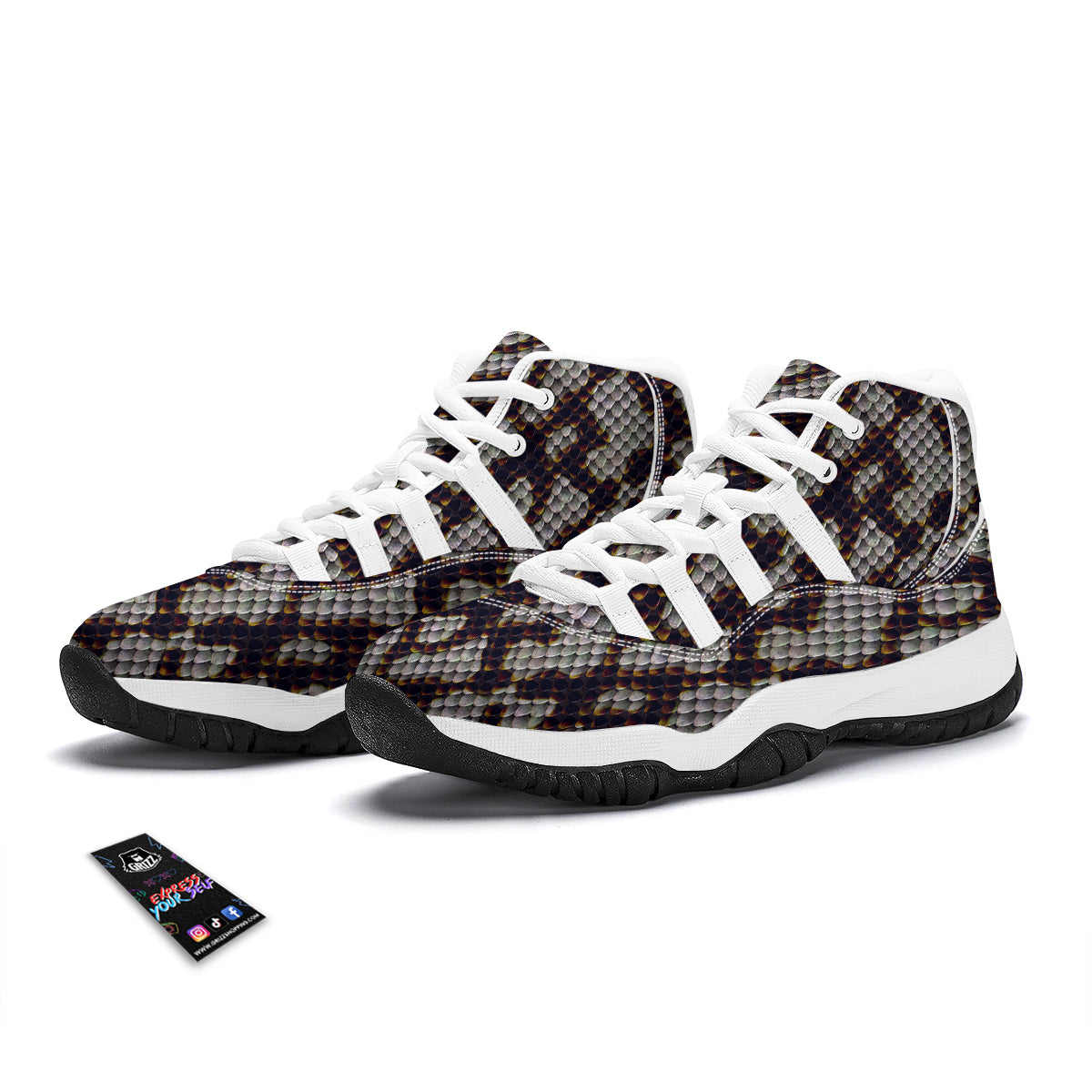 Snakeskin Black And White Texture Print White Bball Shoes-grizzshop