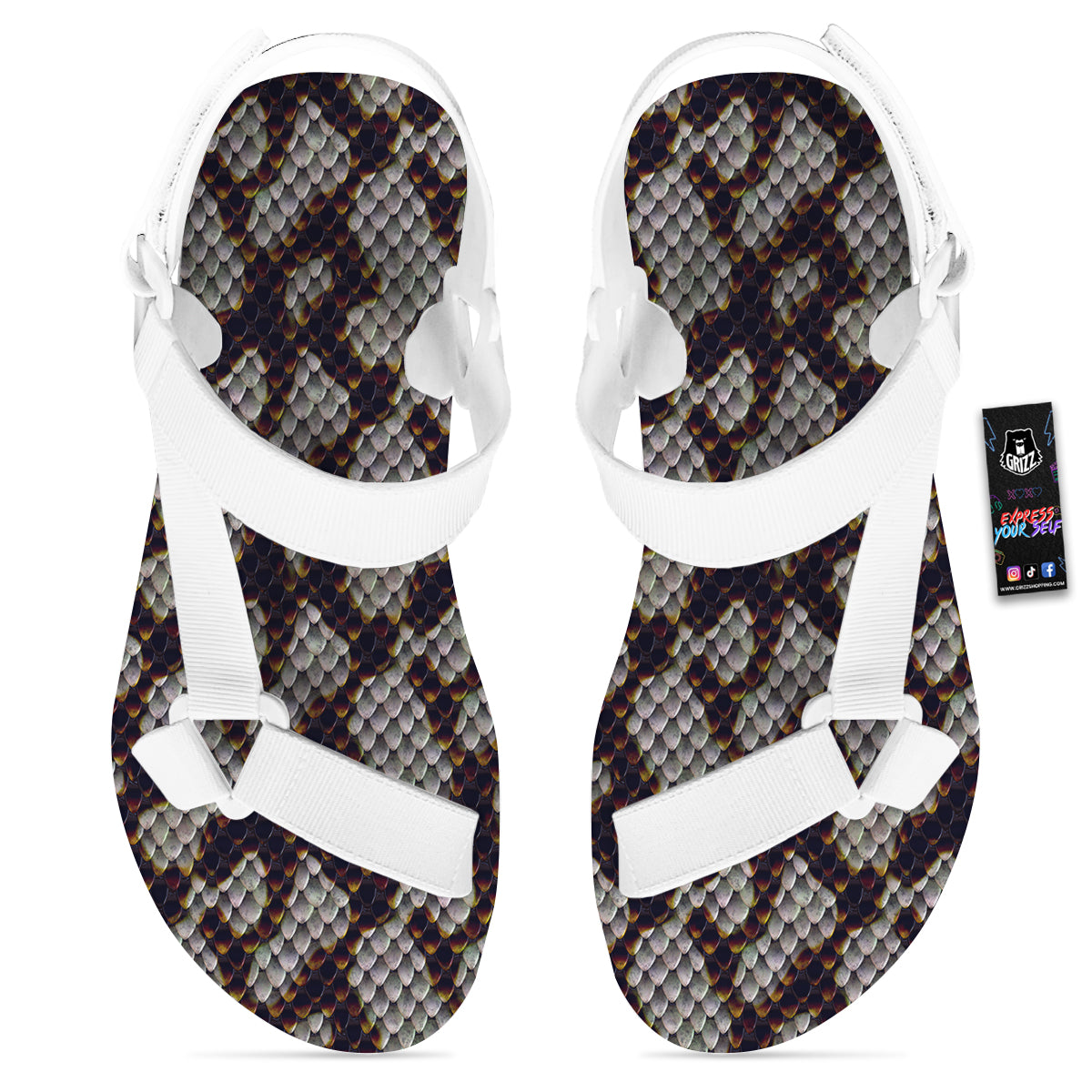 Snakeskin Black And White Texture Print White Open Toe Sandals-grizzshop