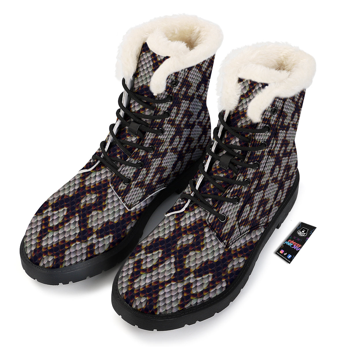 Snakeskin Black And White Texture Print Winter Boots-grizzshop