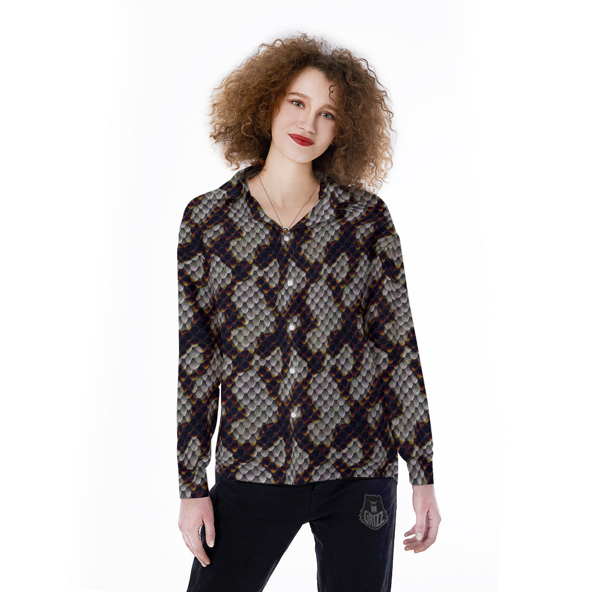 Snakeskin Black And White Texture Print Women's Long Sleeve Shirts-grizzshop