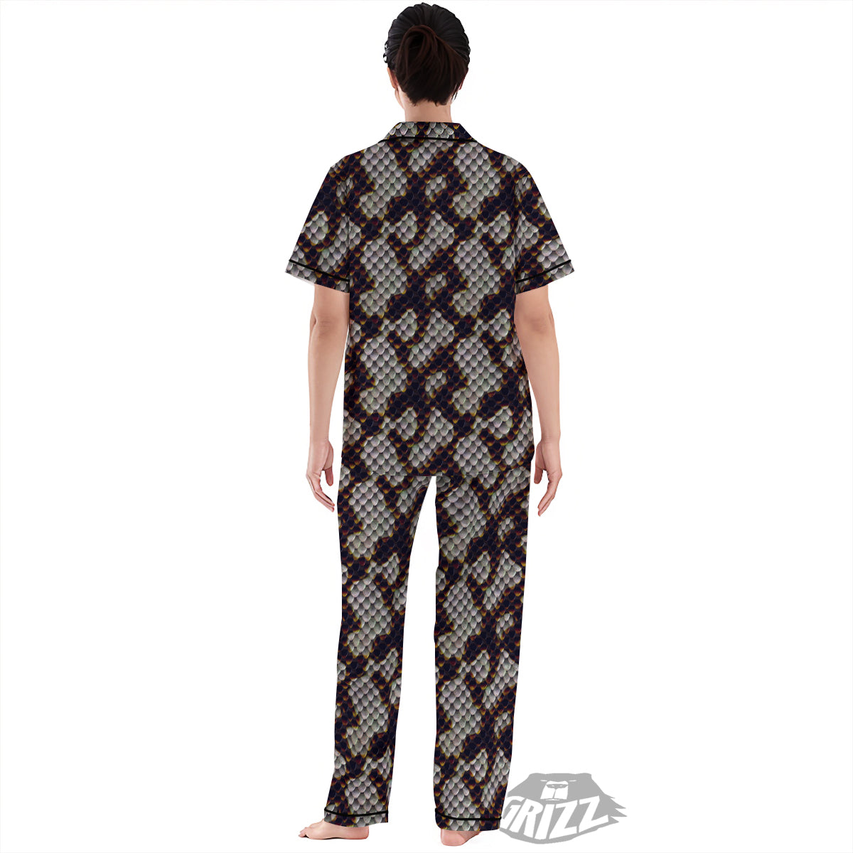 Snakeskin Black And White Texture Print Women's Pajamas Set-grizzshop