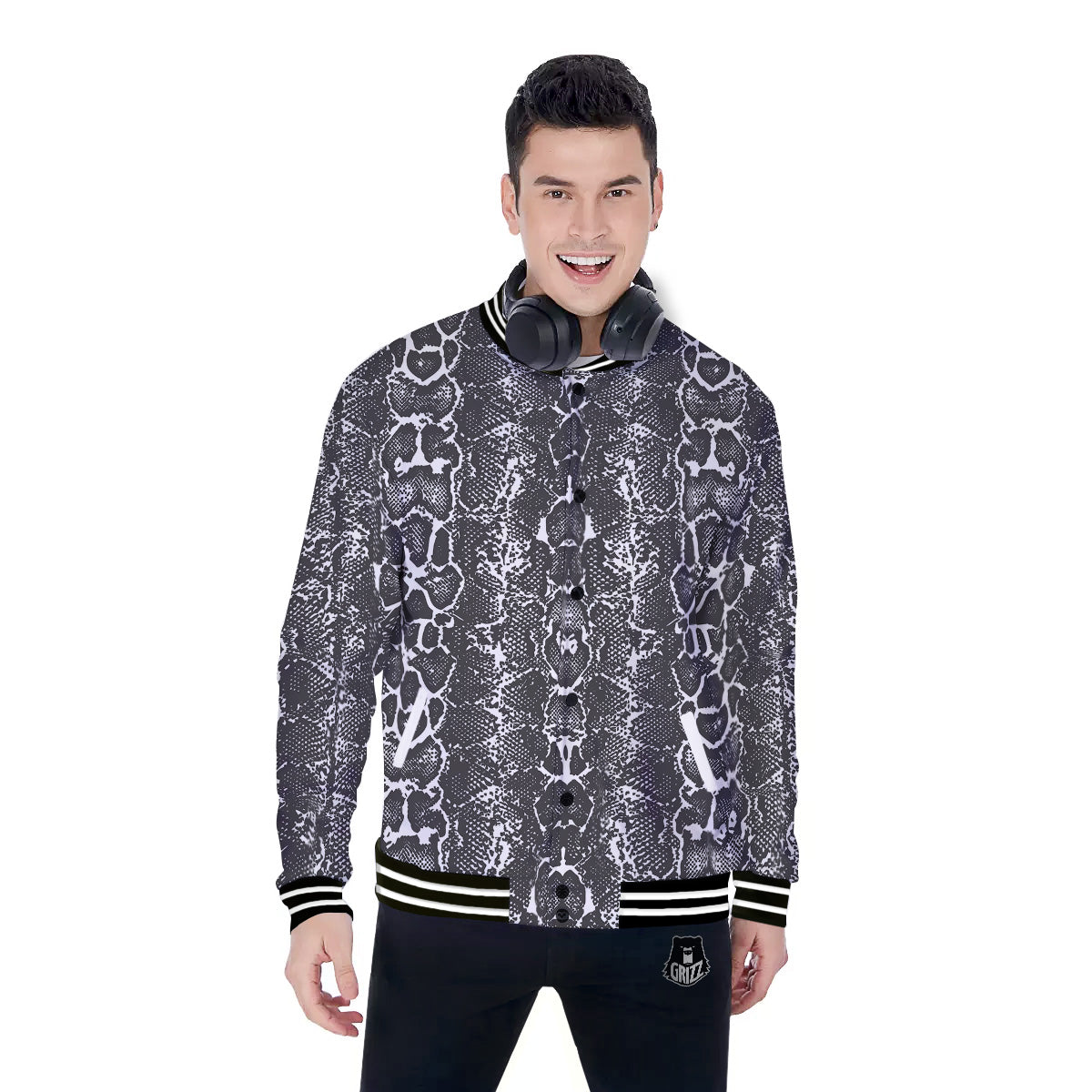 Snakeskin Black Print Baseball Jacket-grizzshop