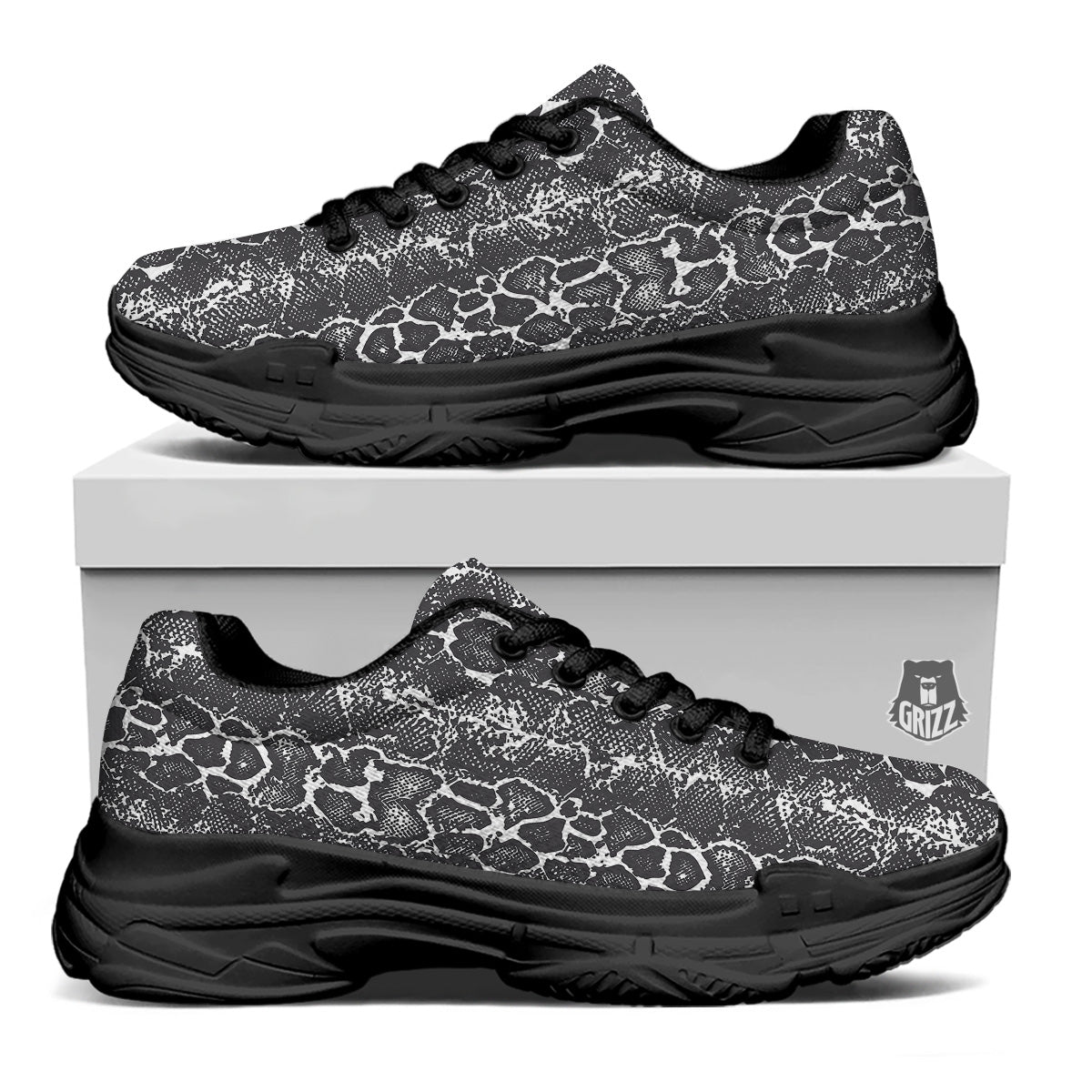 Snakeskin Black Print Black Chunky Shoes-grizzshop
