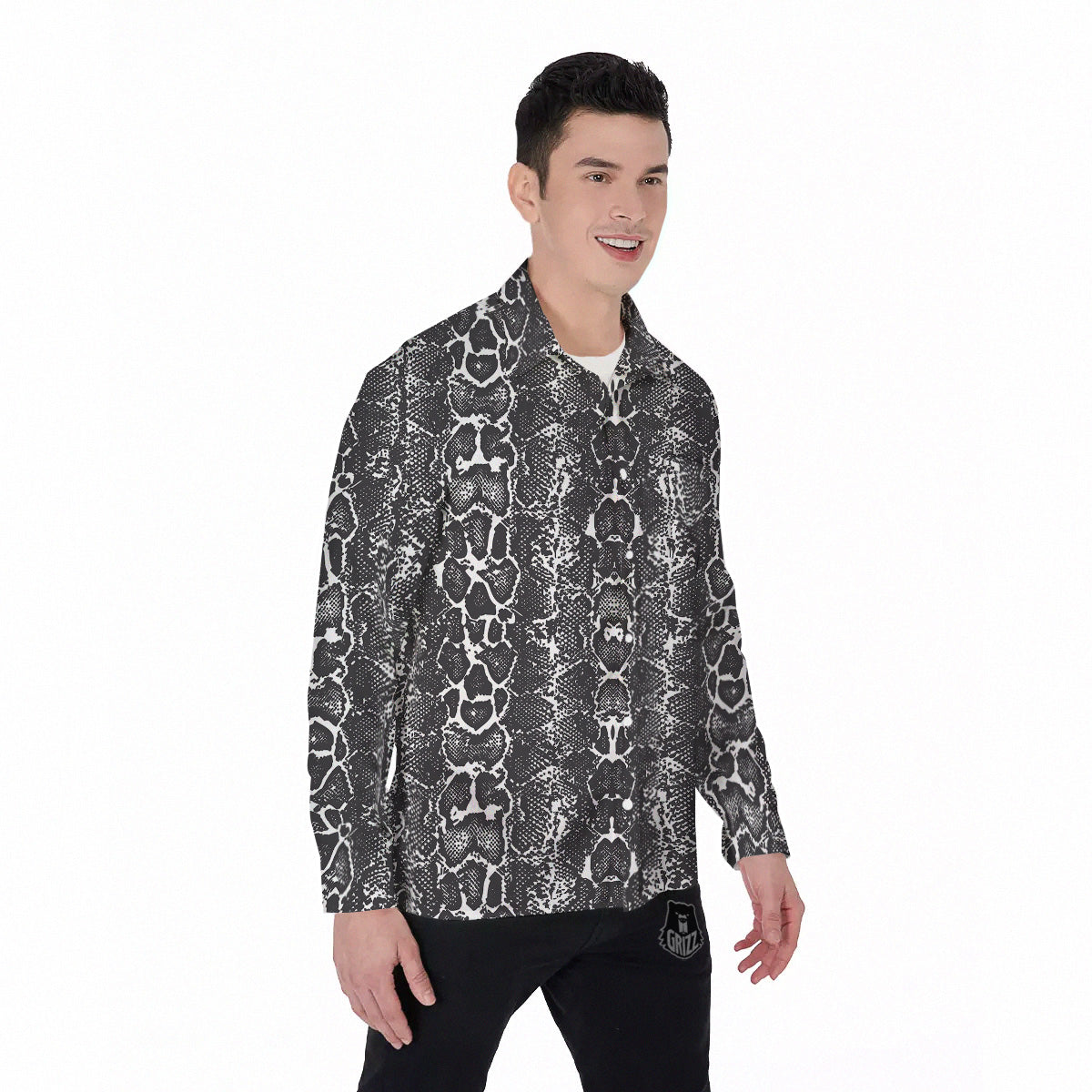 Snakeskin Black Print Men's Long Sleeve Shirts-grizzshop