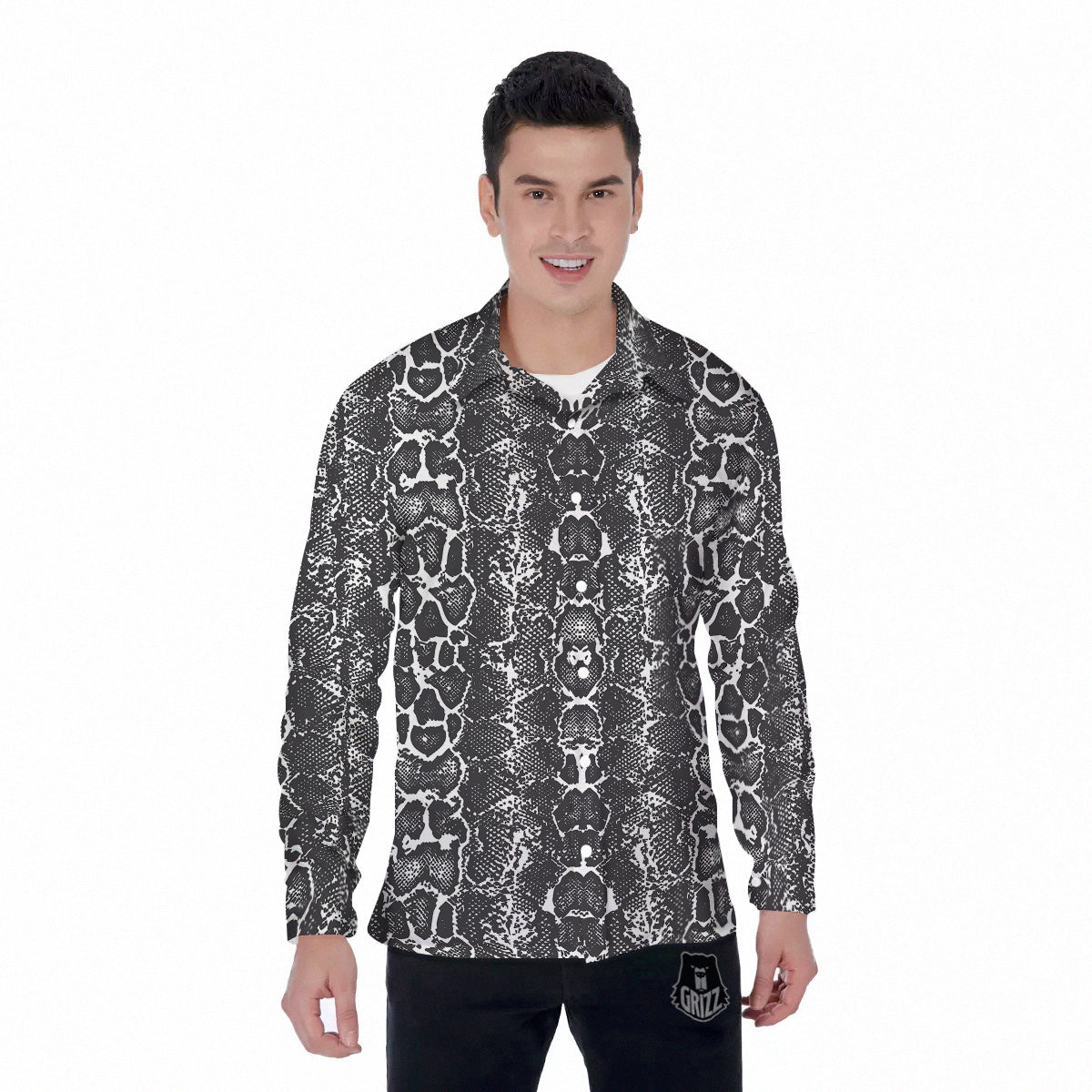 Snakeskin Black Print Men's Long Sleeve Shirts-grizzshop