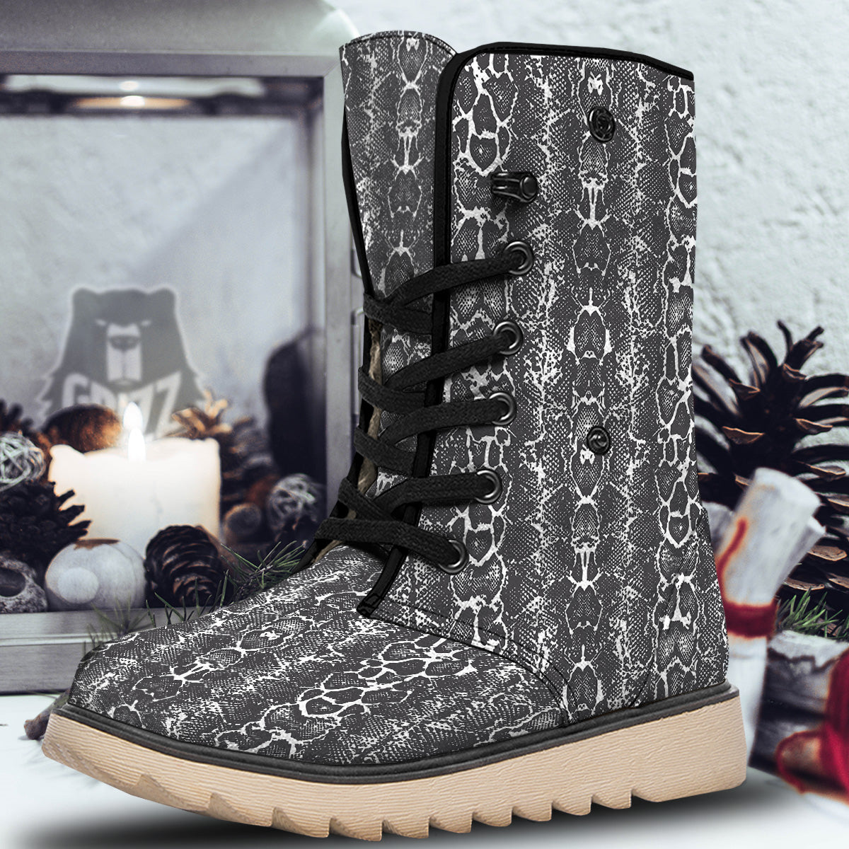 Snakeskin Black Print Snow Boots-grizzshop