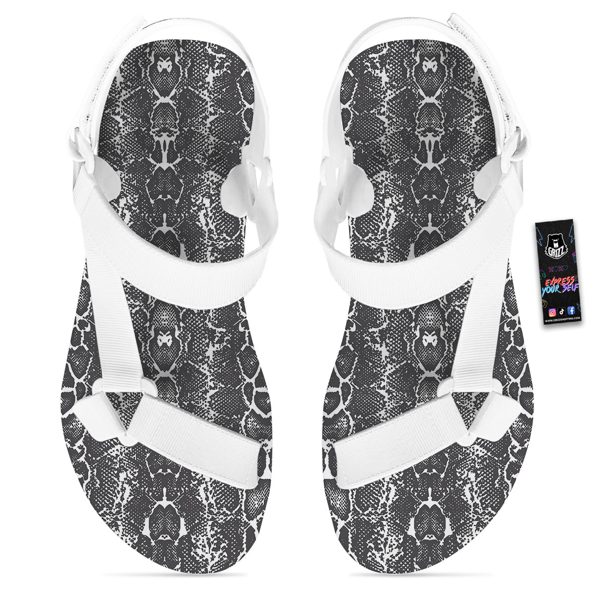 Snakeskin Black Print White Open Toe Sandals-grizzshop