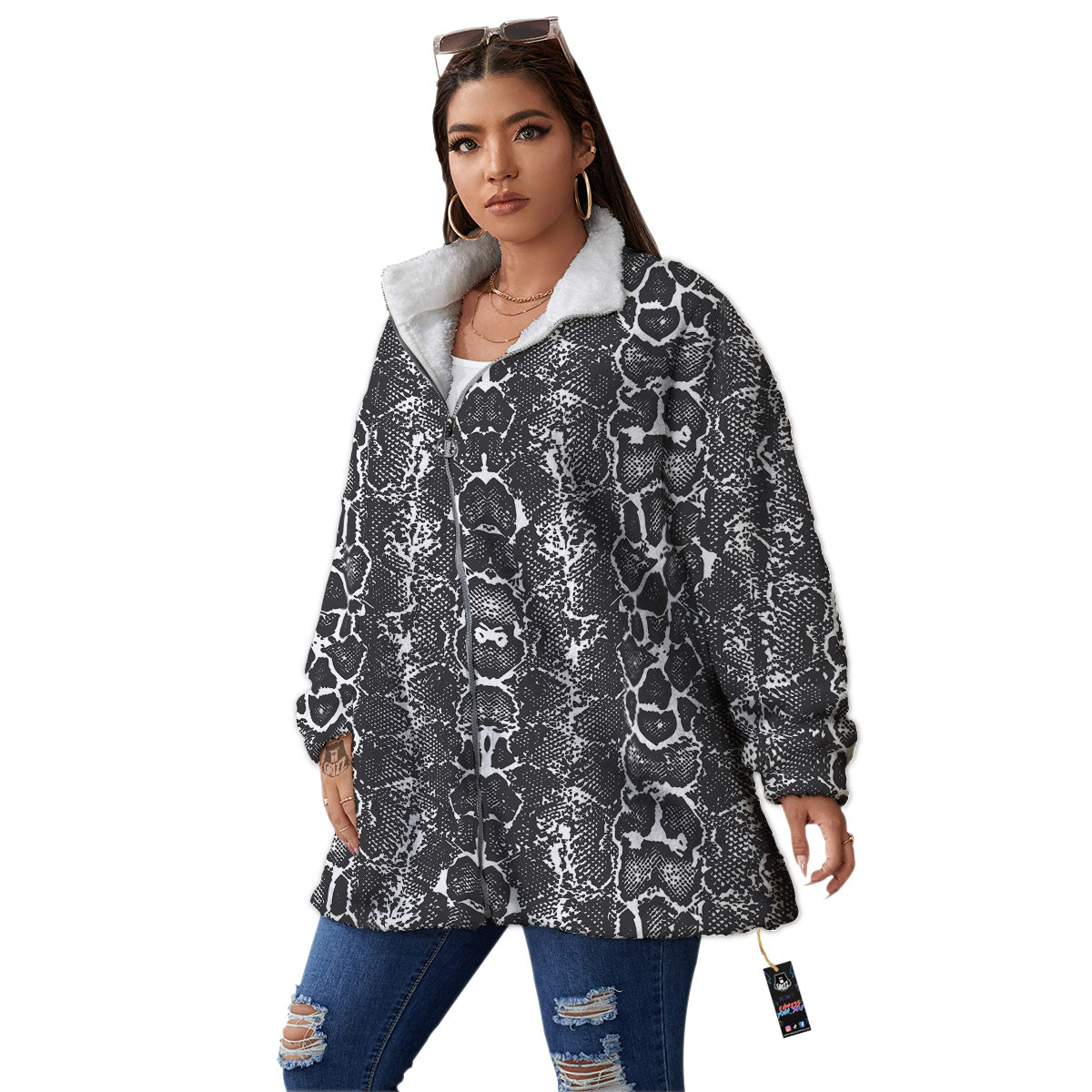 Snakeskin Black Print Women's Sherpa Jacket-grizzshop