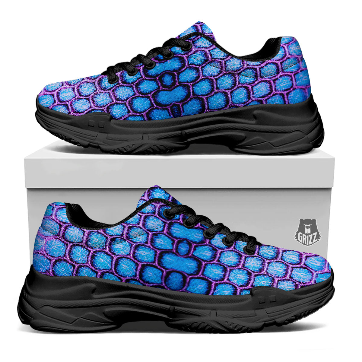 Snakeskin Blue And Purple Print Pattern Black Chunky Shoes-grizzshop