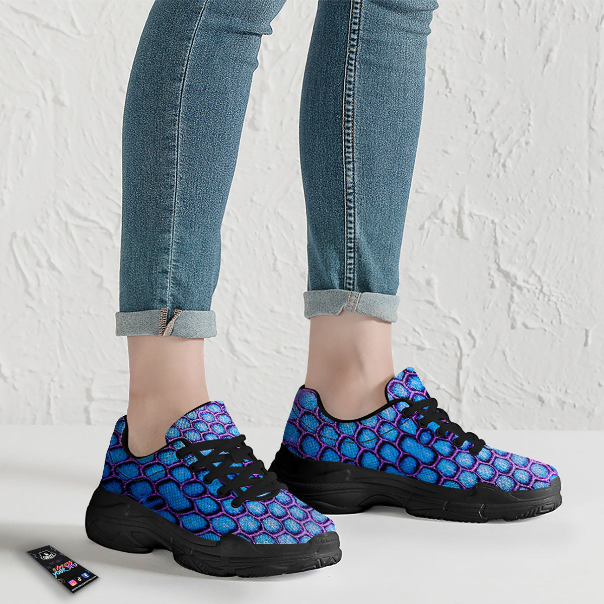 Snakeskin Blue And Purple Print Pattern Black Chunky Shoes-grizzshop