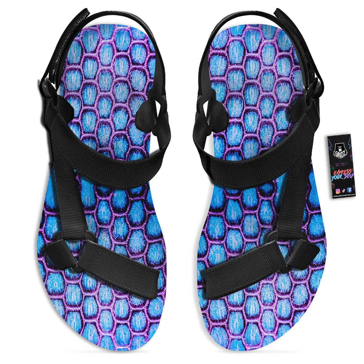 Snakeskin Blue And Purple Print Pattern Black Open Toe Sandals-grizzshop