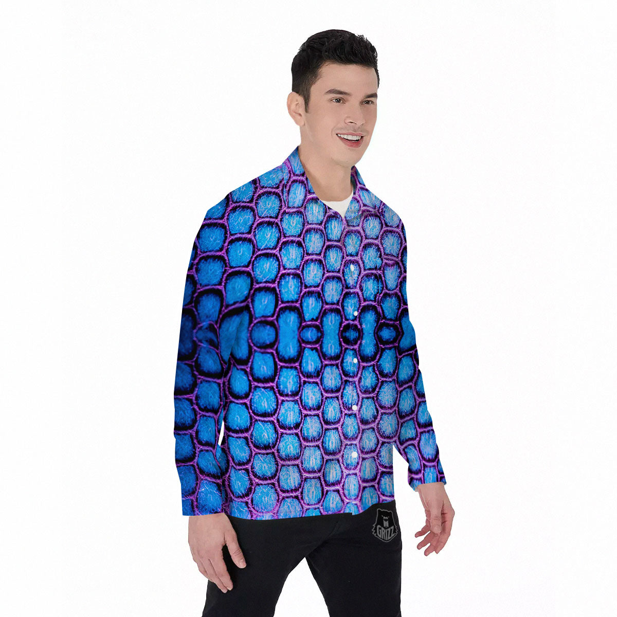 Snakeskin Blue And Purple Print Pattern Men's Long Sleeve Shirts-grizzshop