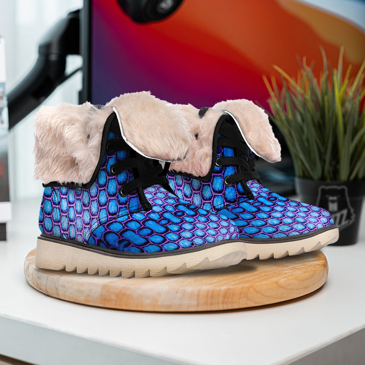 Snakeskin Blue And Purple Print Pattern Snow Boots-grizzshop