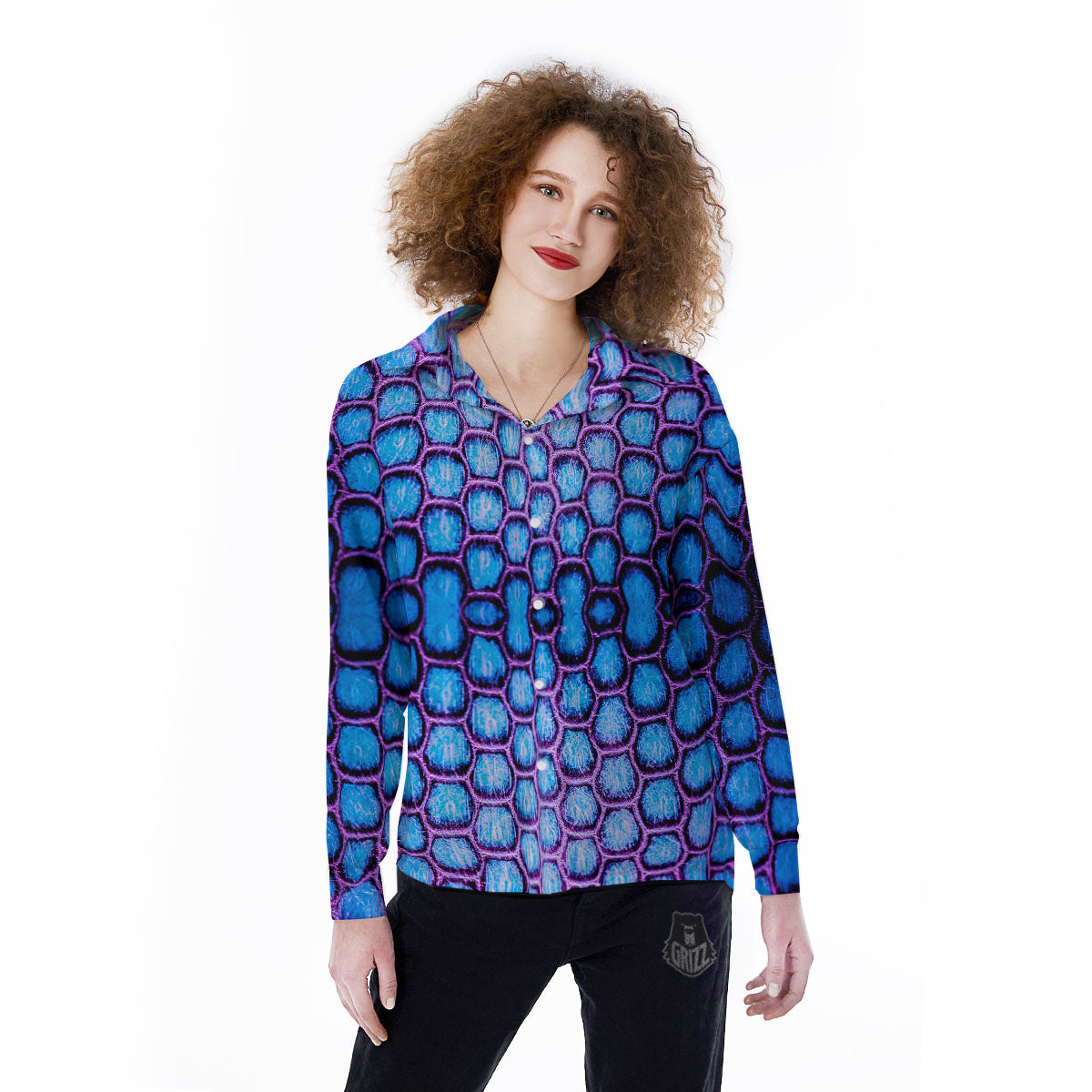 Snakeskin Blue And Purple Print Pattern Women's Long Sleeve Shirts-grizzshop