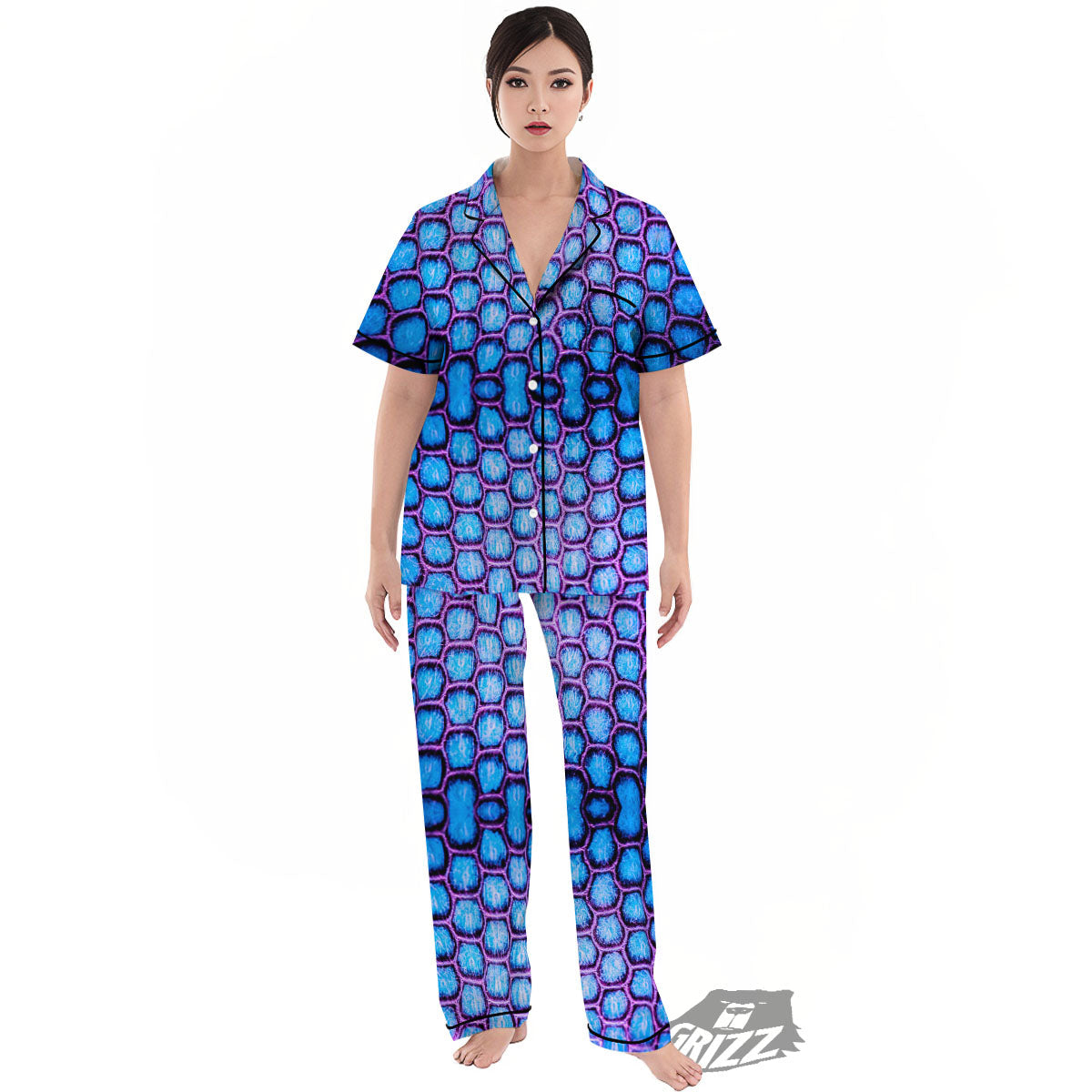 Snakeskin Blue And Purple Print Pattern Women's Pajamas Set-grizzshop