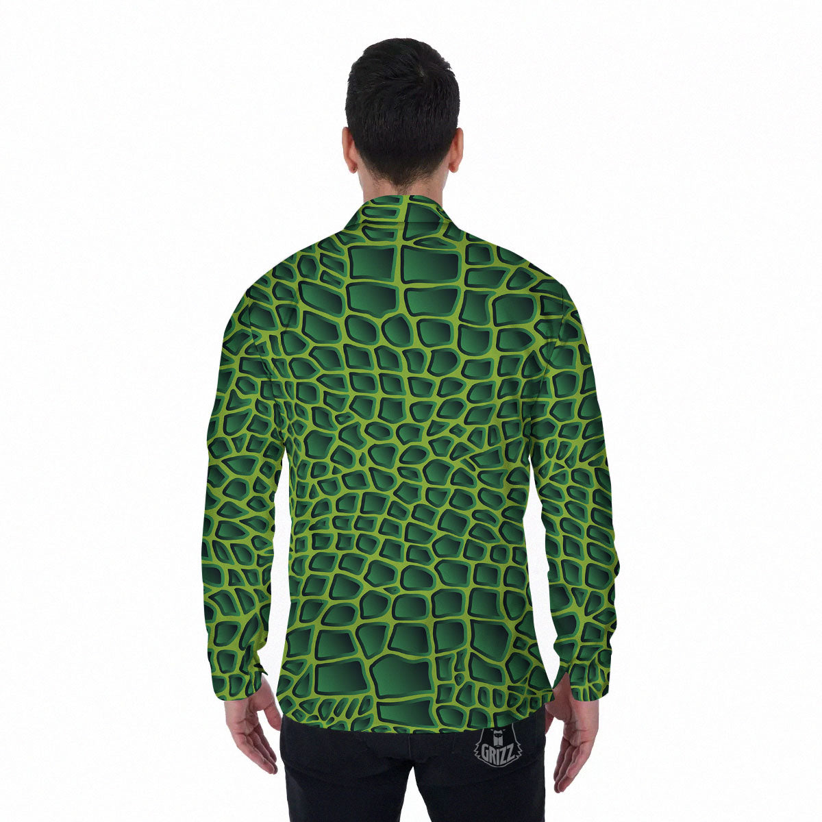 Snakeskin Green Print Men's Long Sleeve Shirts-grizzshop