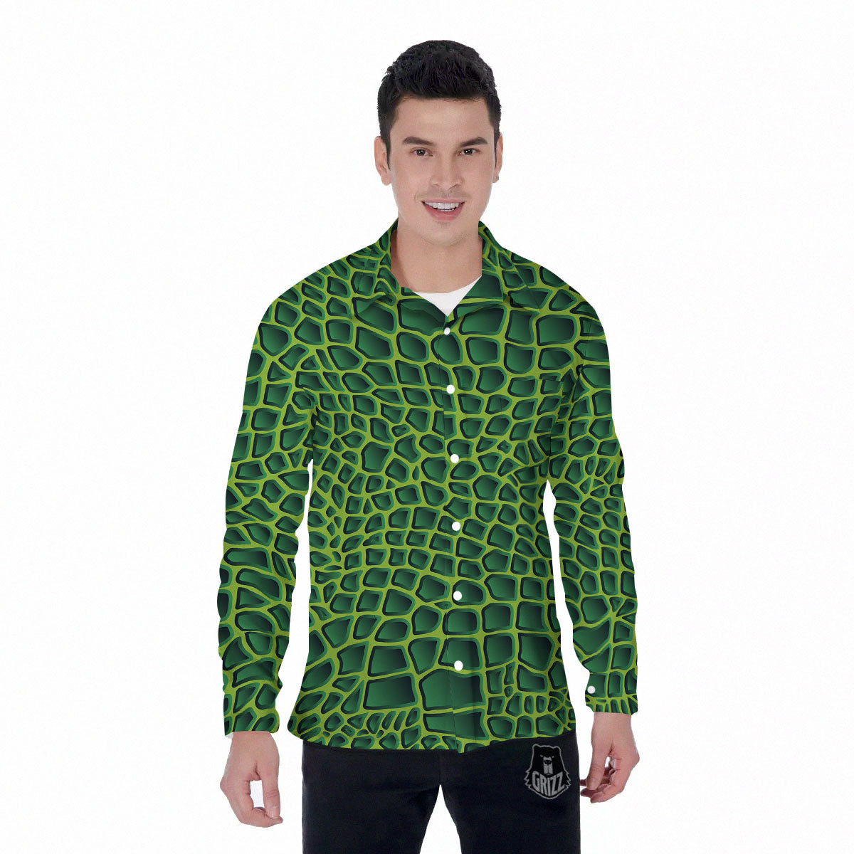 Snakeskin Green Print Men's Long Sleeve Shirts-grizzshop