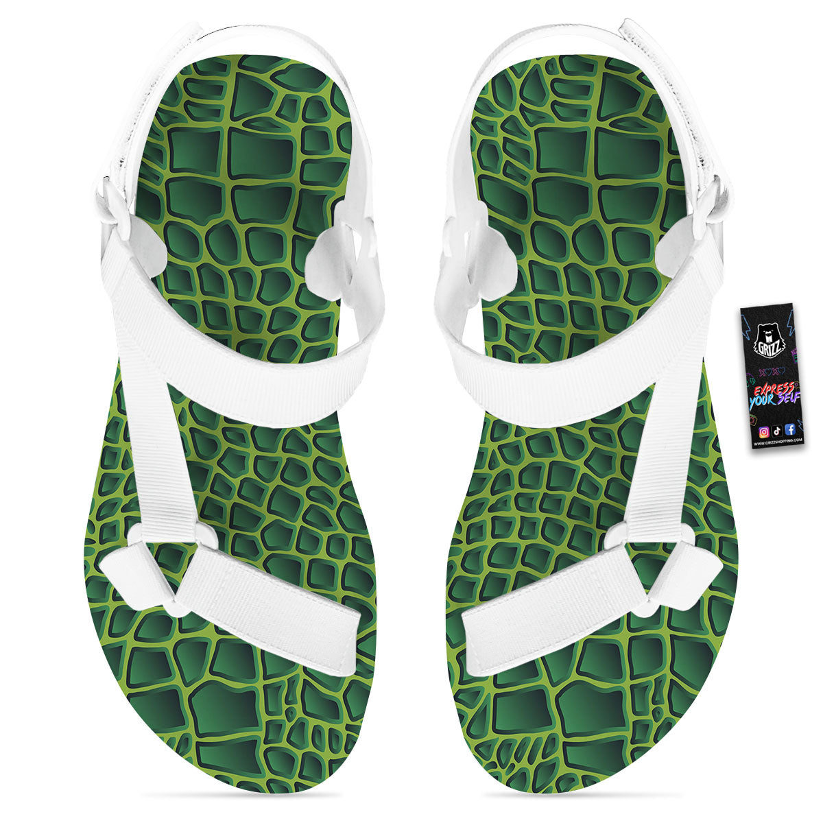 Snakeskin Green Print White Open Toe Sandals-grizzshop