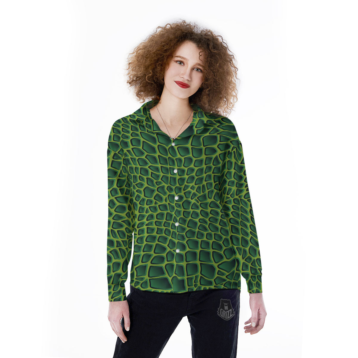 Snakeskin Green Print Women's Long Sleeve Shirts-grizzshop