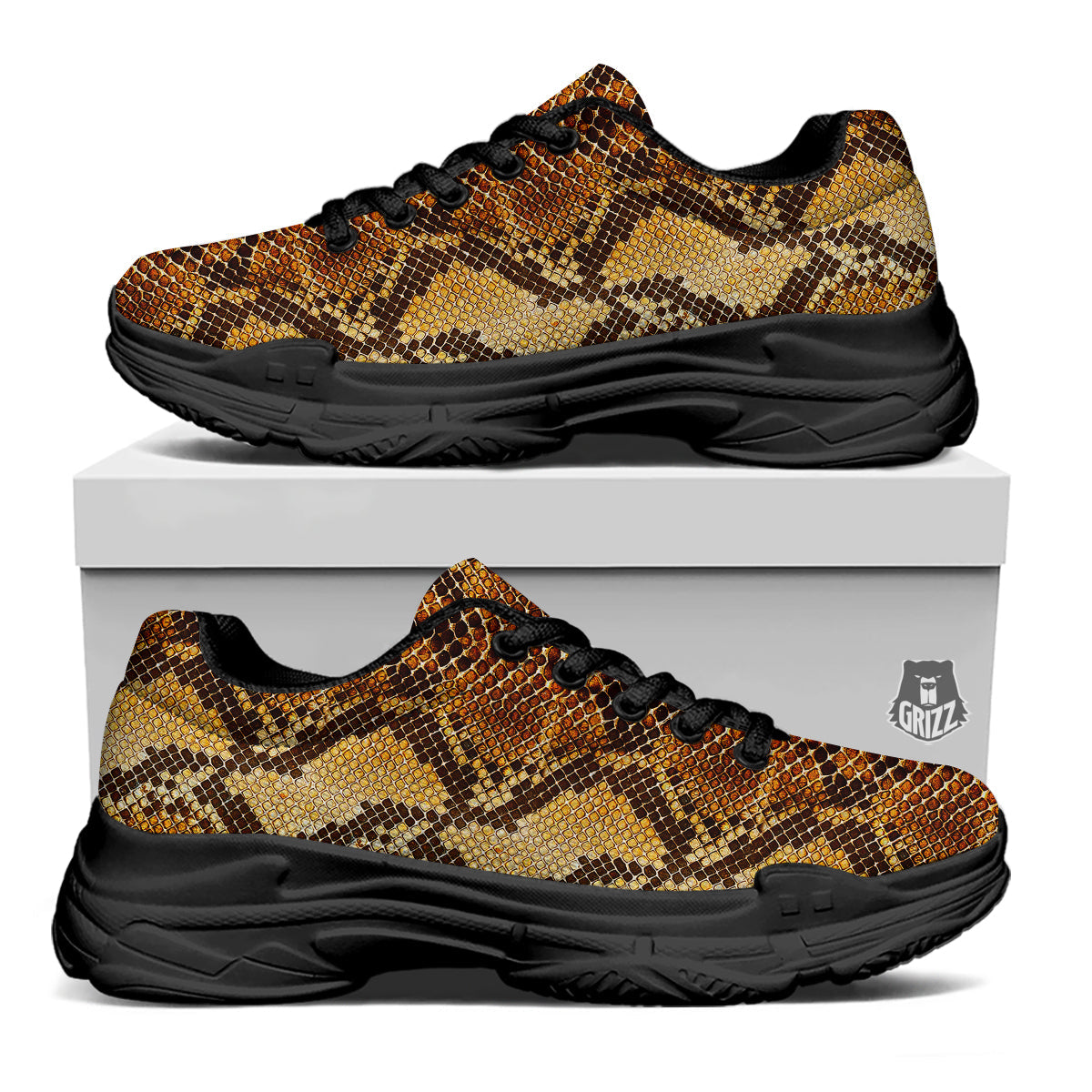 Snakeskin Leathers Print Black Chunky Shoes-grizzshop