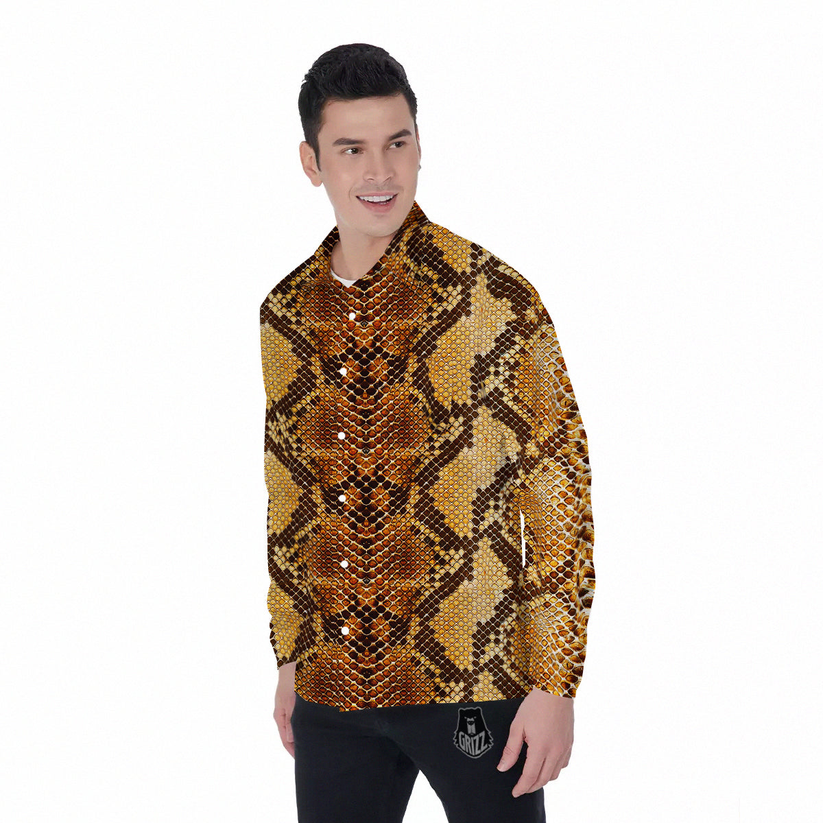 Snakeskin Leathers Print Men's Long Sleeve Shirts-grizzshop