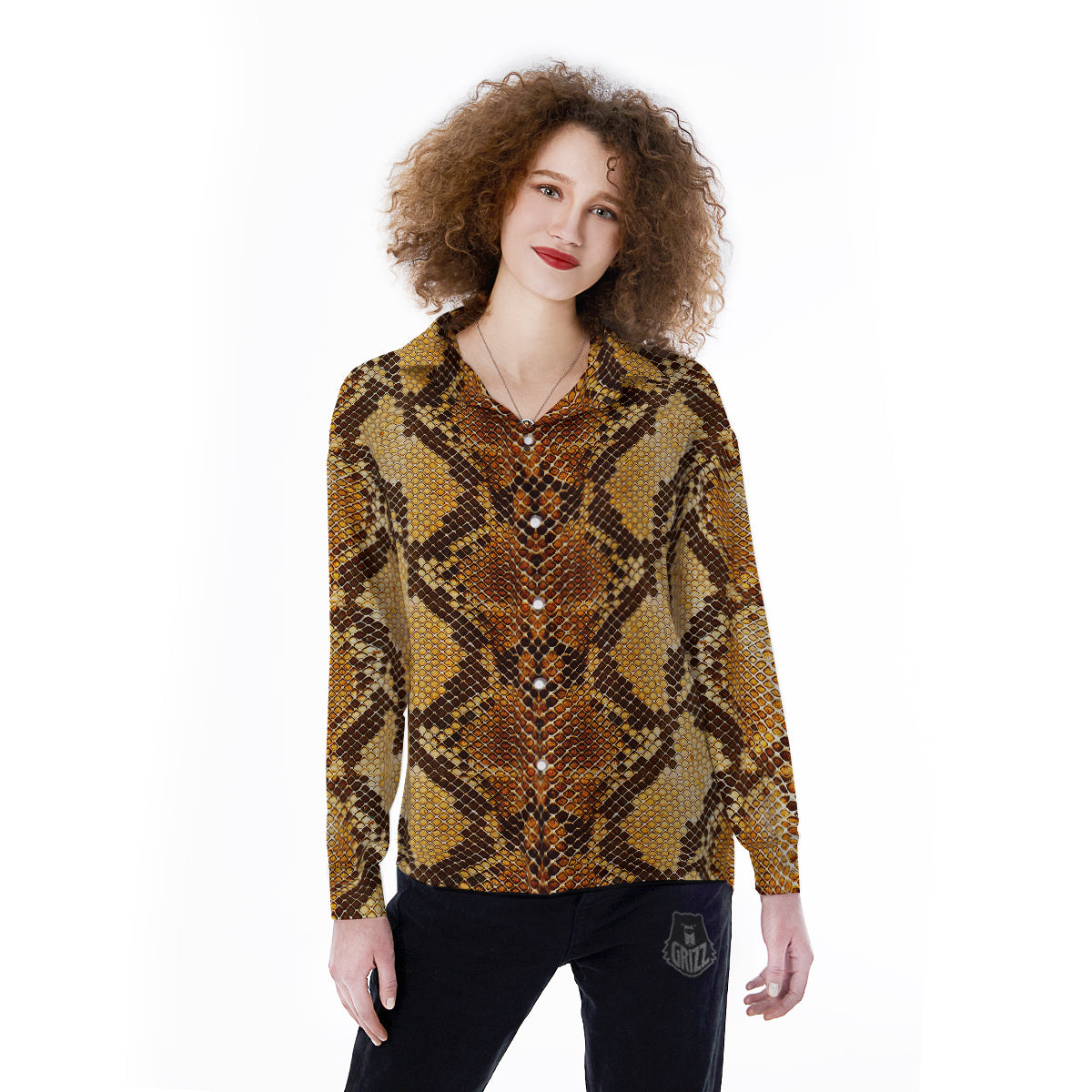 Snakeskin Leathers Print Women's Long Sleeve Shirts-grizzshop