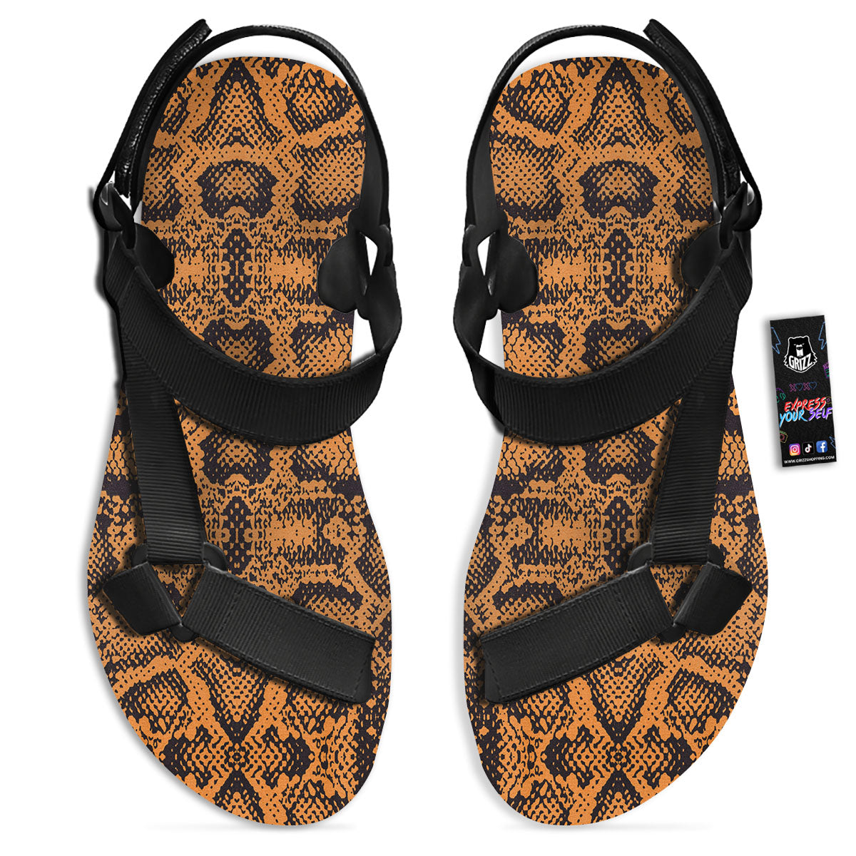 Snakeskin Orange Print Pattern Black Open Toe Sandals-grizzshop