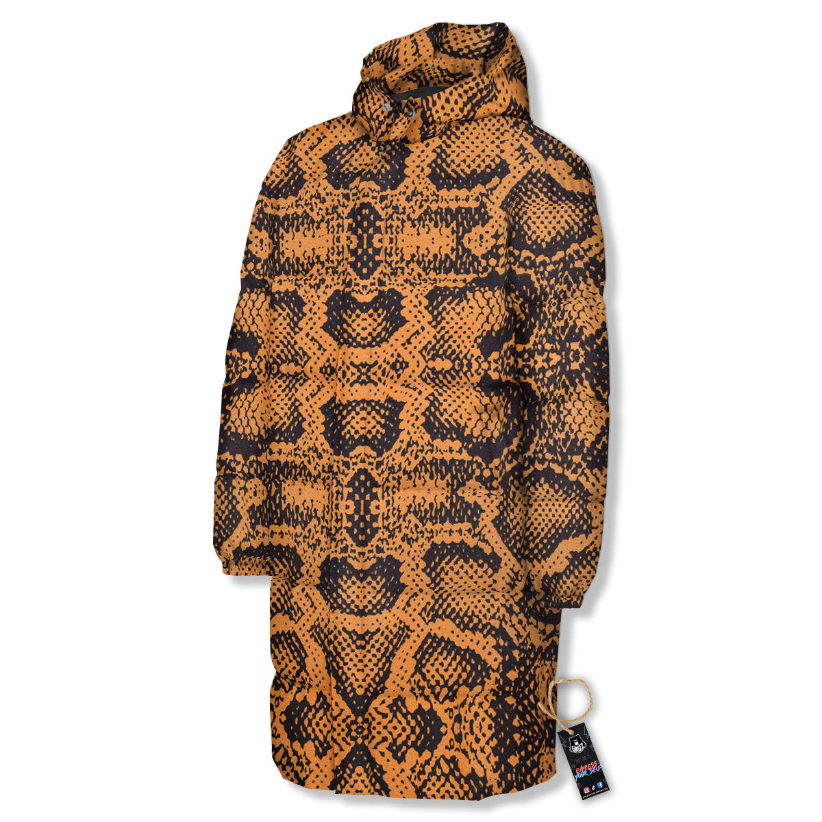 Snakeskin Orange Print Pattern Long Down Jacket-grizzshop